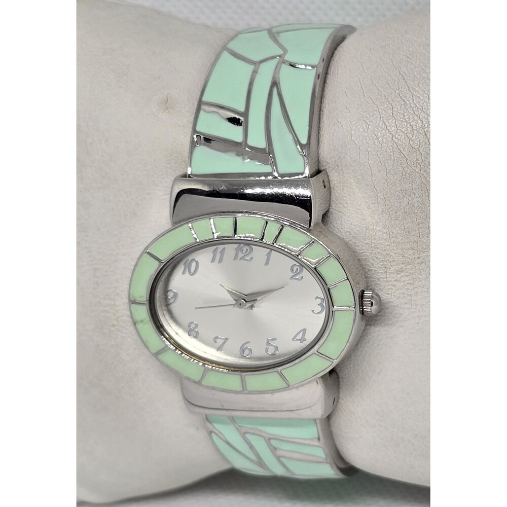 Women's Classic Oval Silver Tone Dial Case Milk Green Cuff Bracelet Watch 13 - Picture 2 of 8